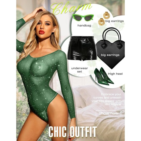 Women Green Lingerie Fishnet Teddy Sparkle Rhinestone One Piece Mesh Bodysuit - Picture 3 of 4
